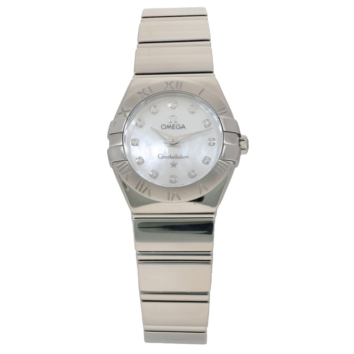 Omega Constellation 131.10.25.60.52.001, stainless steel bracelet and case housing a white Mother of Pearl dial with diamond hour markers, front image