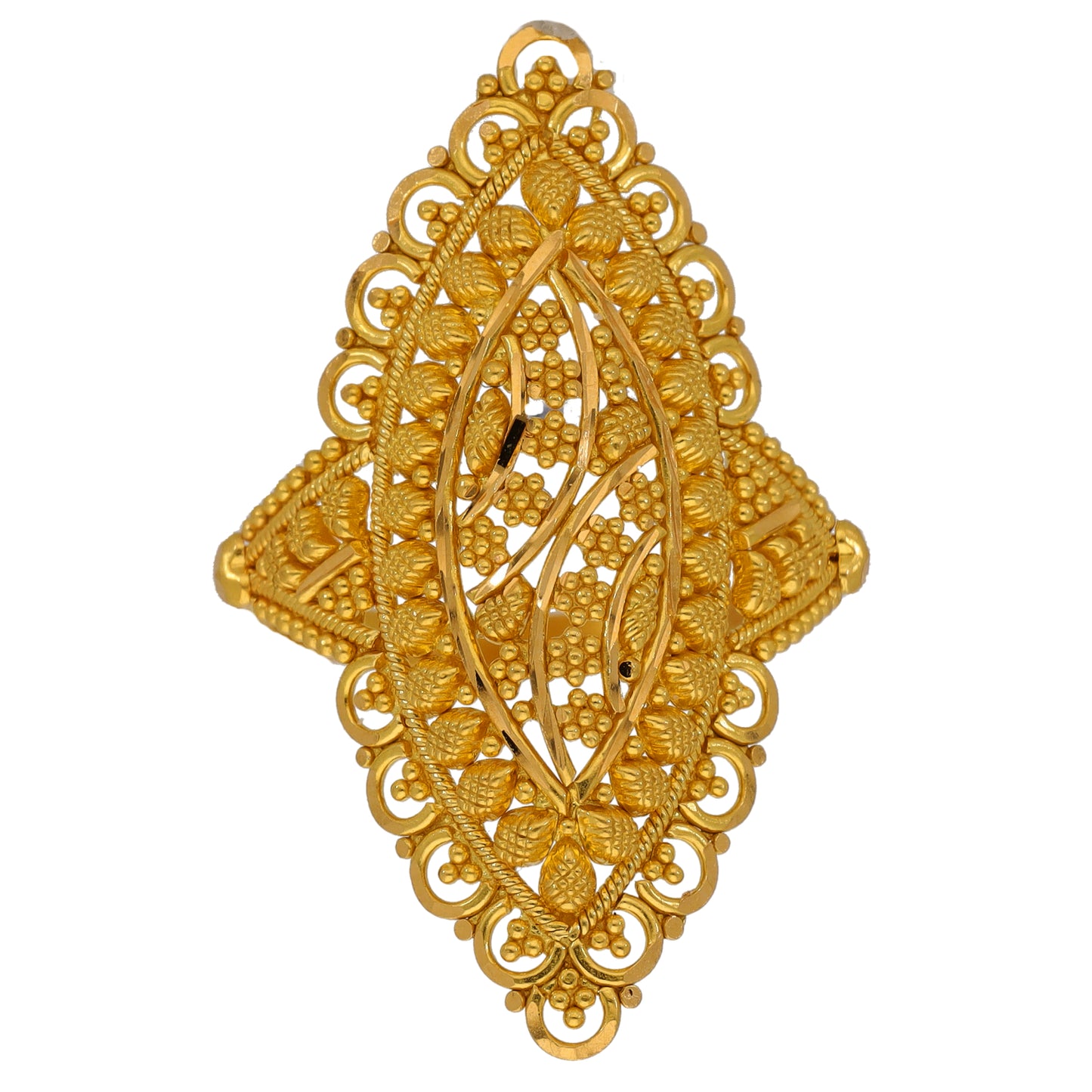 Gold-tone filigree ring, size N, ornate teardrop design with openwork details