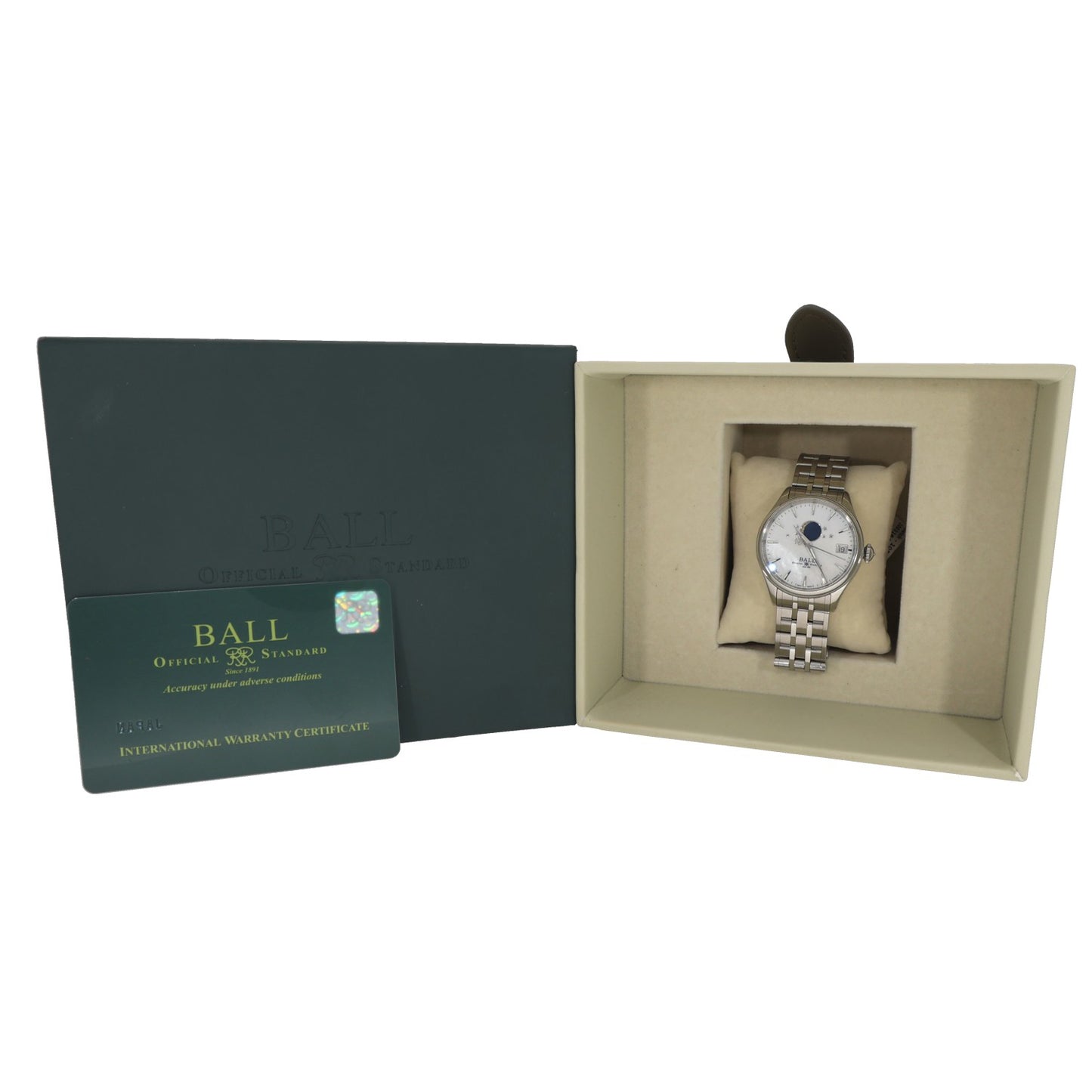 Ball Trainmaster Moonphase NL3082D, Mother of Pearl dial inside 34mm stainless steel case, box image