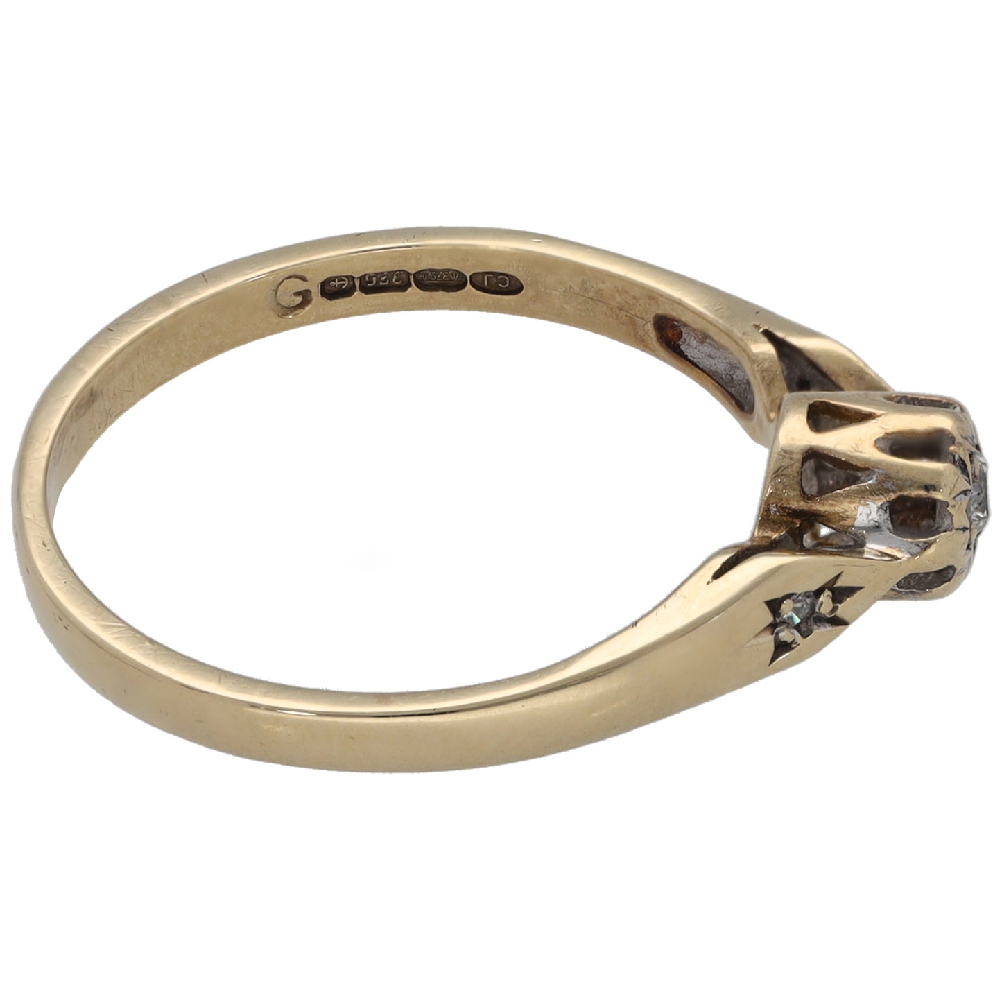 9ct Gold 0.04ct Diamond Solitaire Ring With Accent Stones Size M
