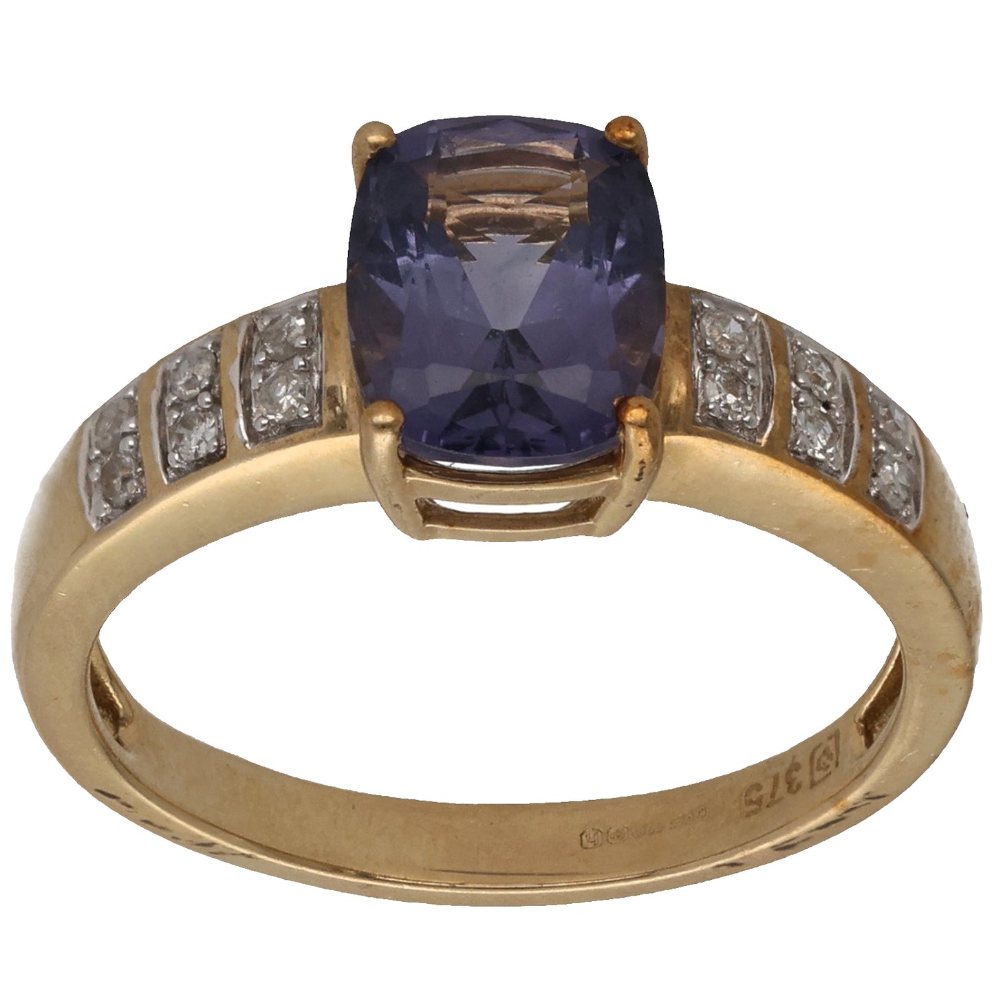 9ct Gold Iolite & 0.12ct Diamond Single Stone Ring With Accents Size Q