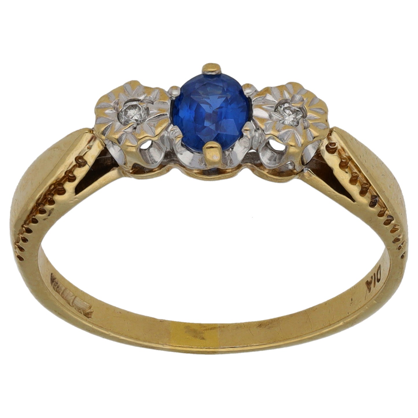 9ct Gold Sapphire & 0.02ct Diamond Trilogy Ring Size P