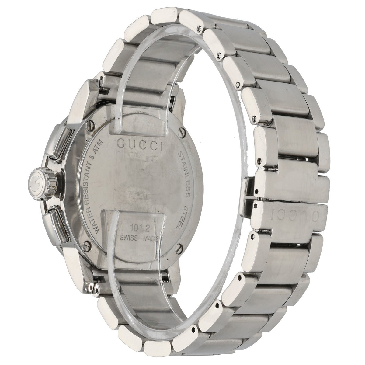 Gucci G-Chrono YA101204, black dial in 44mm stainless steel case with sub dials, rear angle