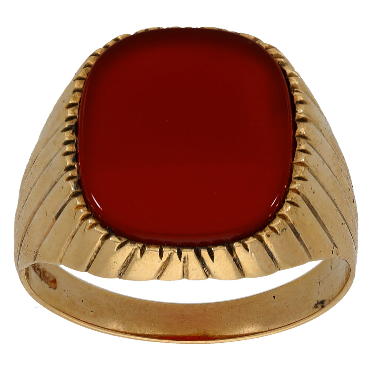 Gold signet ring with bezel-set round red carnelian, front view