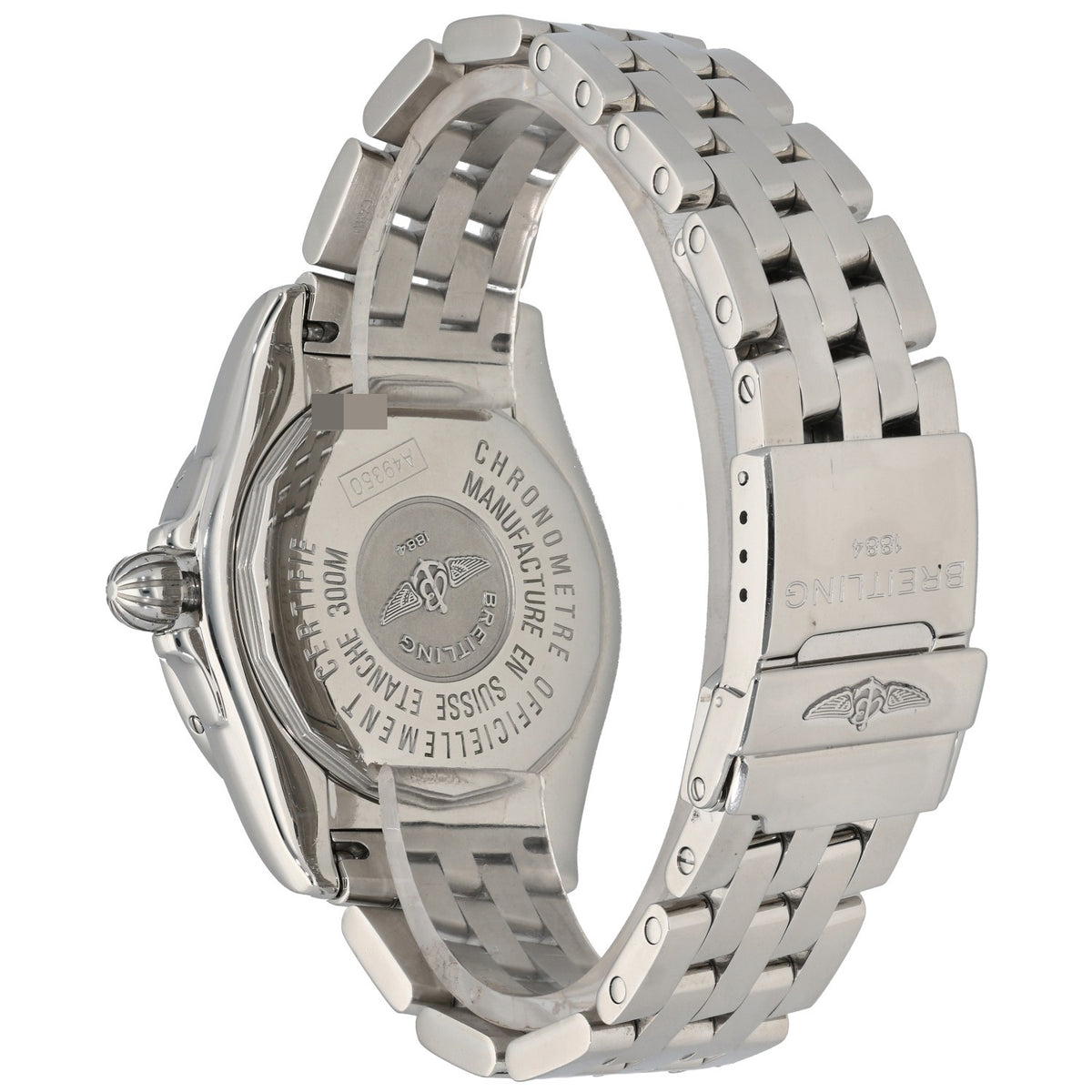 Breitling Galactic A49350 Stainless steel watch caseback with engraved plate and linked bracelet