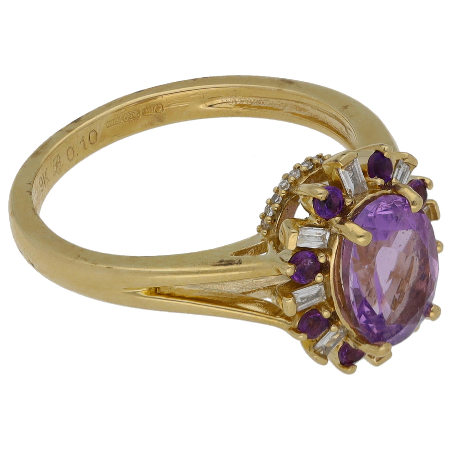 9ct Gold Amethyst & 0.10ct Diamond Dress/Cocktail Ring Size K