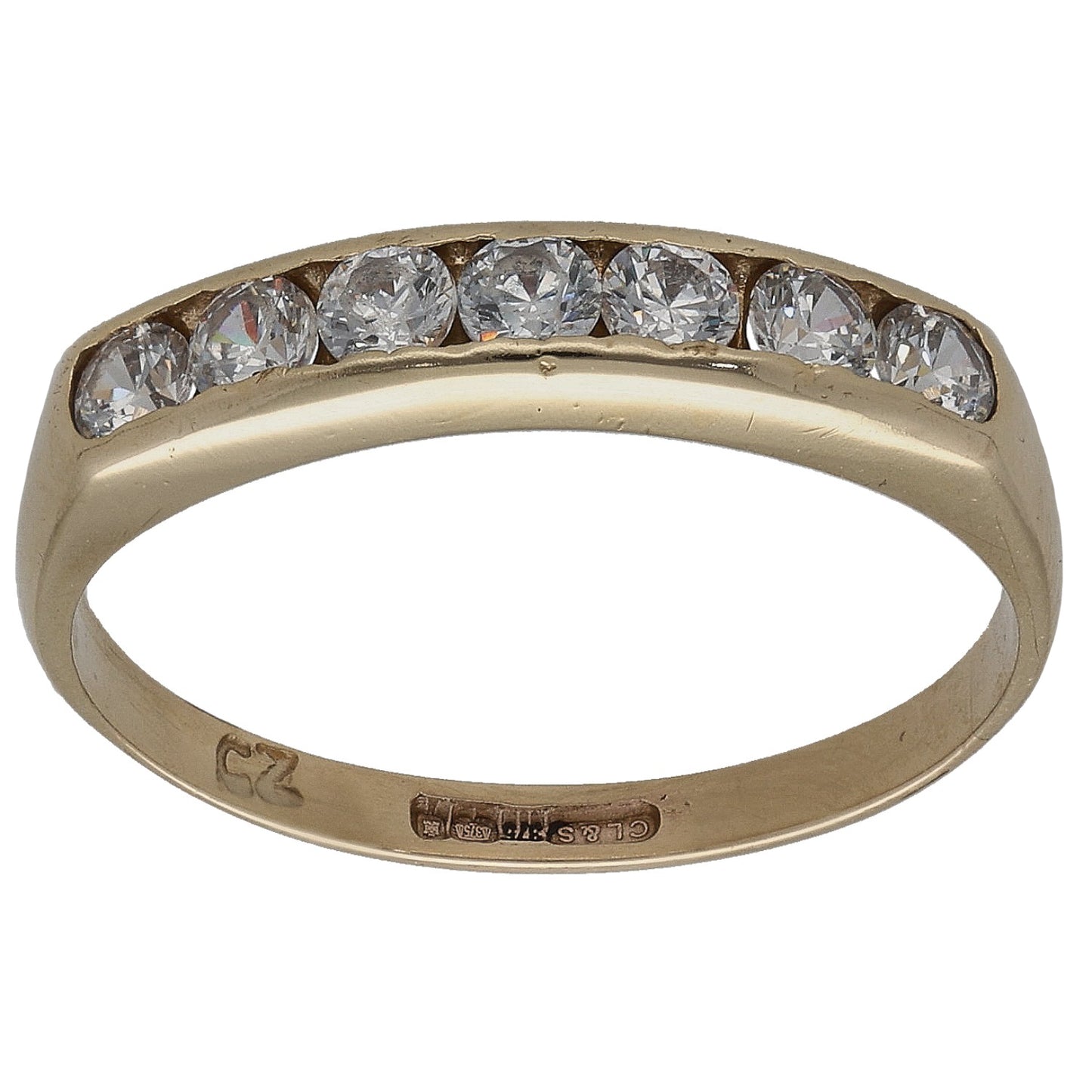 9ct gold half eternity ring with clear CZ stones, round set, size M