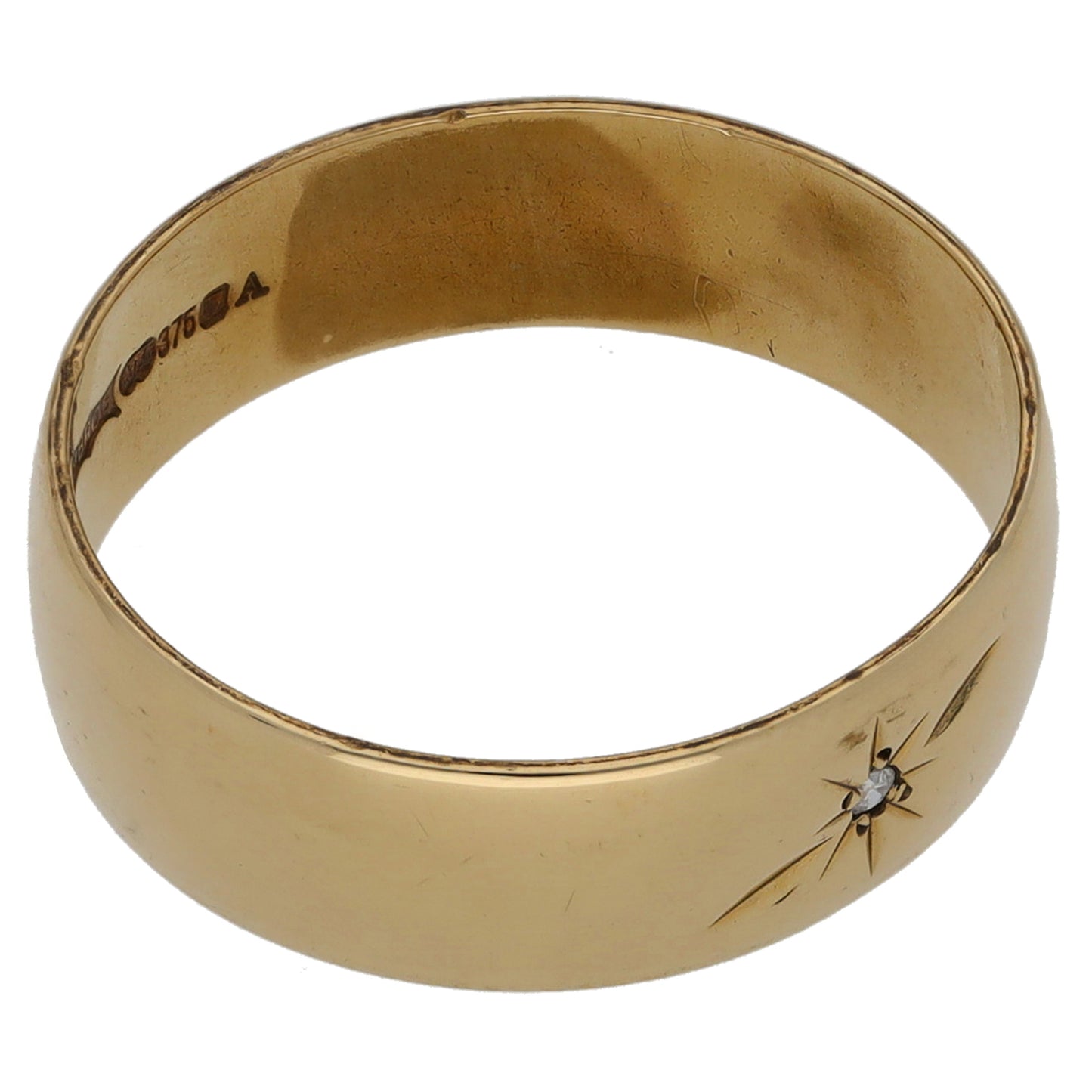 9ct Gold 0.01ct Diamond Patterned Single Stone Wedding Ring Size M