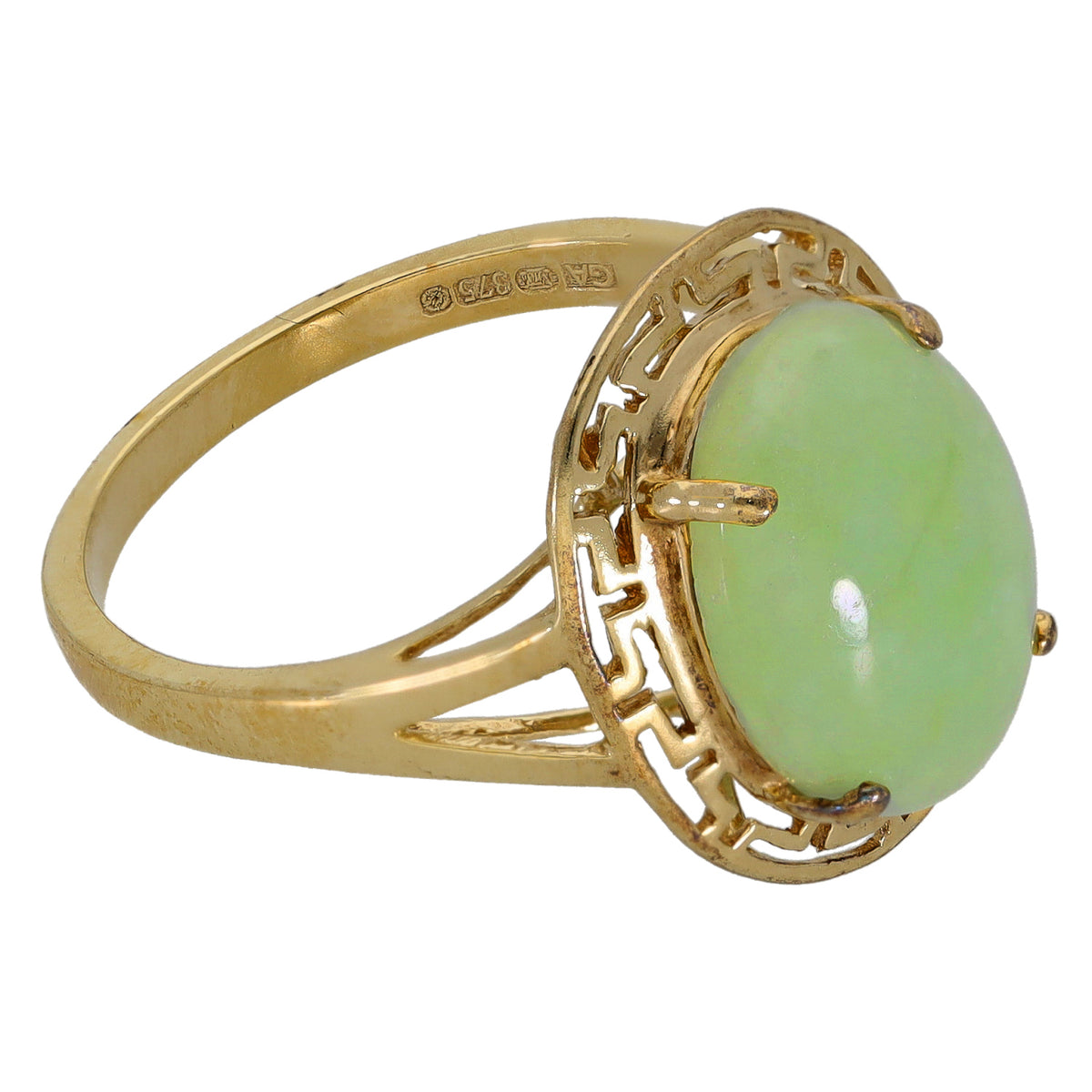 9ct gold jade single-stone ring, oval green gemstone, ornate bezel setting