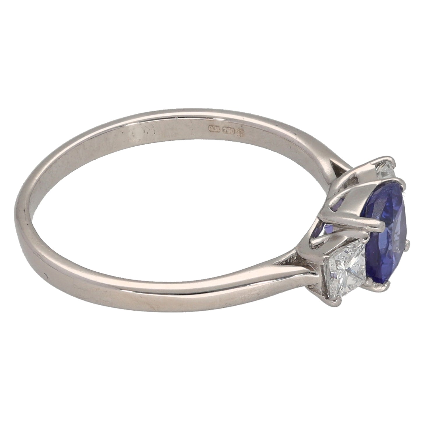 18ct White Gold Tanzanite & 0.20ct Diamond Three Stone Ring Size L