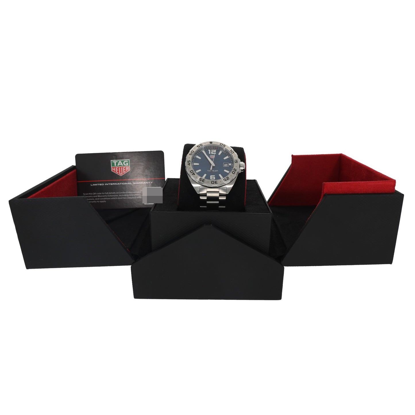 Tag Heuer Formula 1 WAZ1118, housing a blue dial in a 41mm stainless steel case, inside the Tag Heuer official box