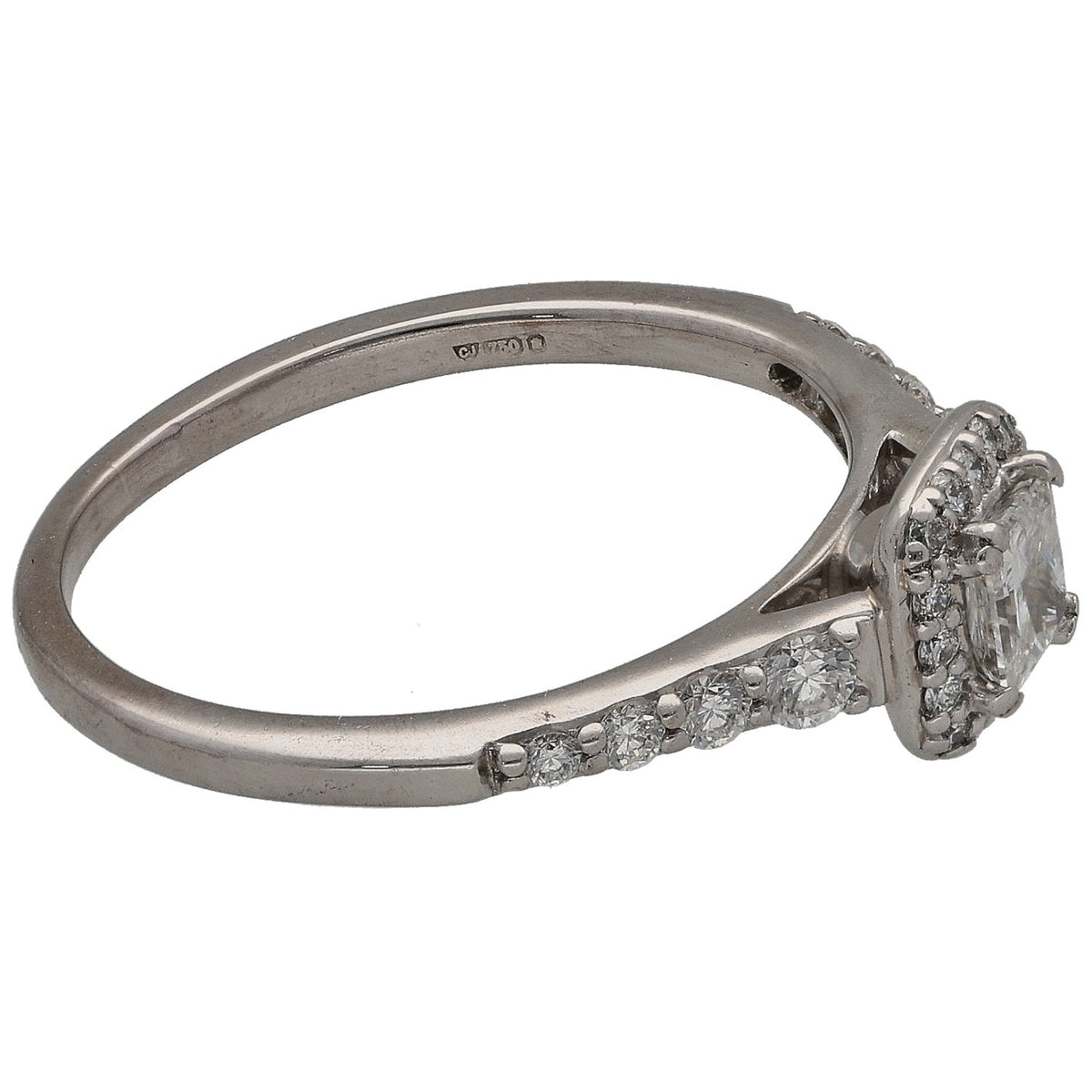 White gold diamond cluster ring with round and square stones, side view