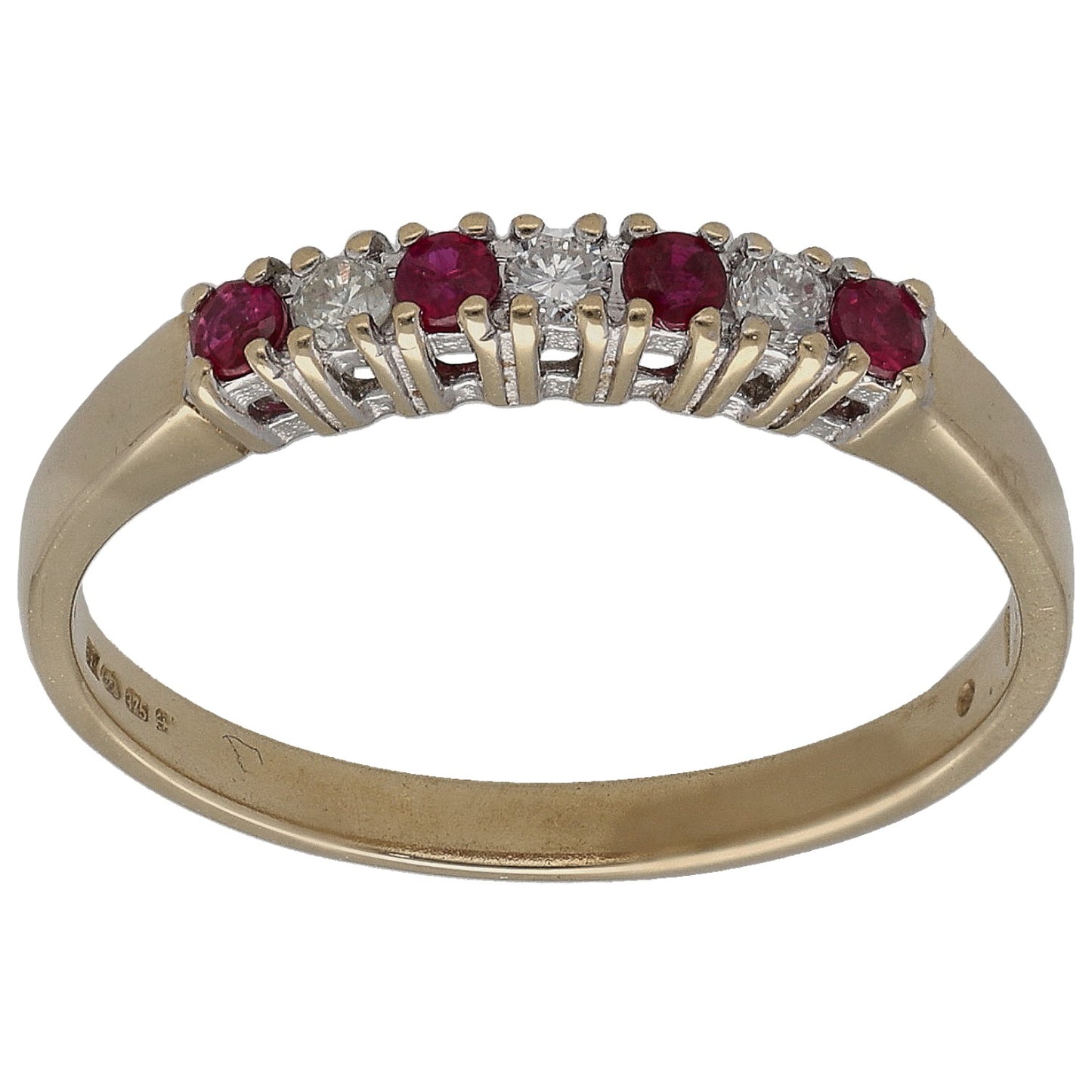 9ct yellow gold half eternity ring with round ruby settings and diamond accents