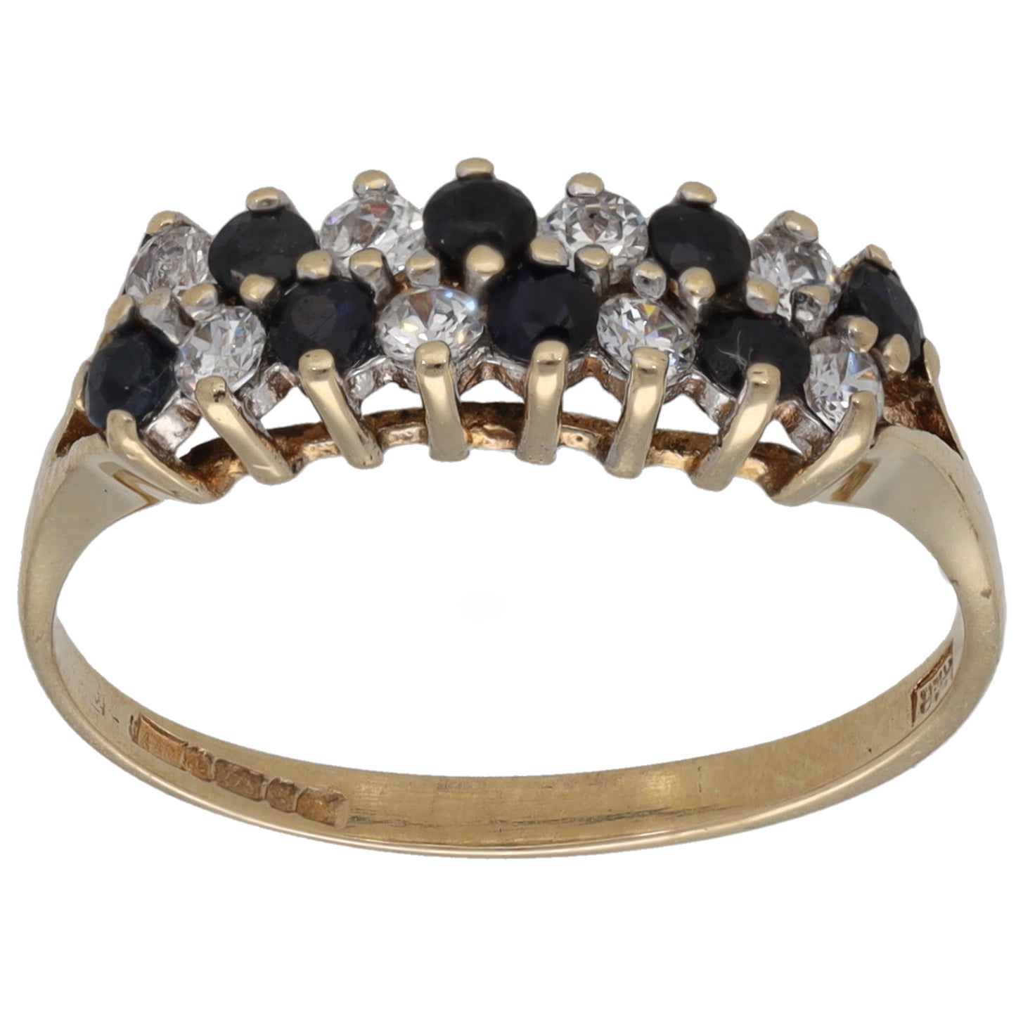 Gold cocktail ring with black and clear CZ stones across the top