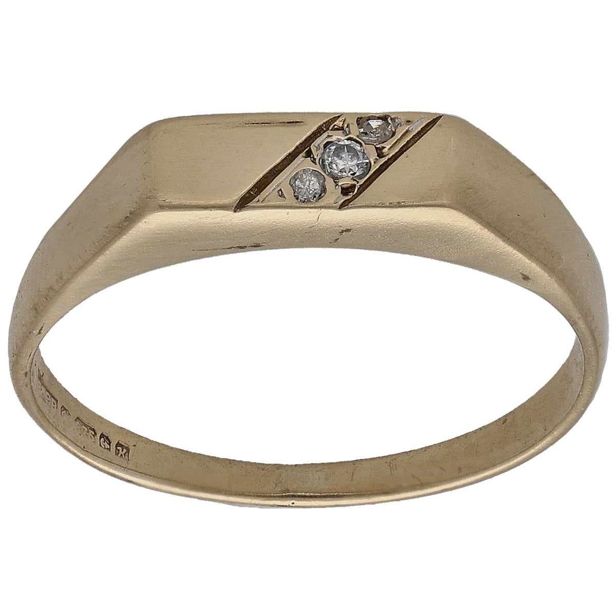 Gold 9ct signet ring with round diamond cluster set in a patterned shield top