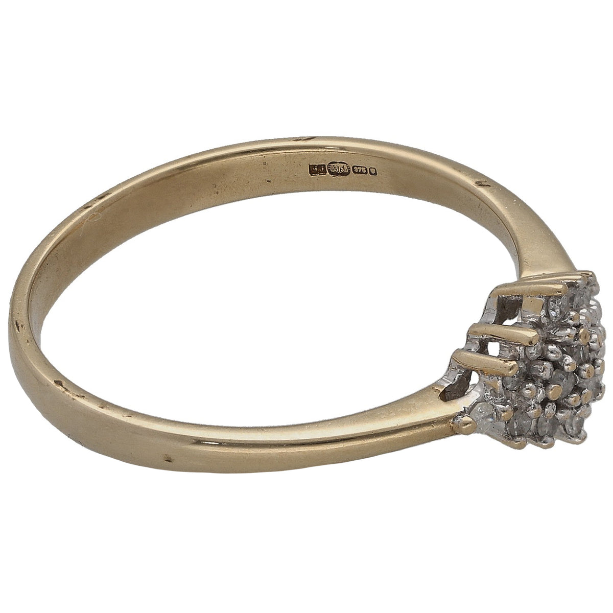 9ct gold diamond cluster ring side view, round stone halo set on slim band