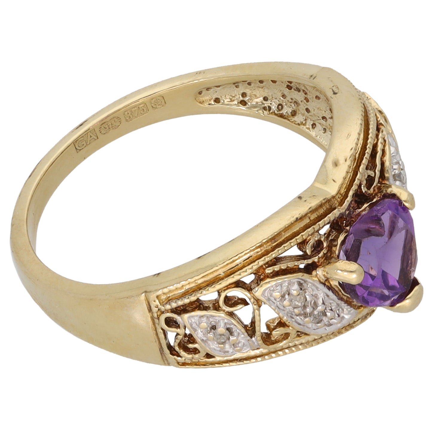 9ct Gold Amethyst & 0.03ct Diamond Dress/Cocktail Ring Size M