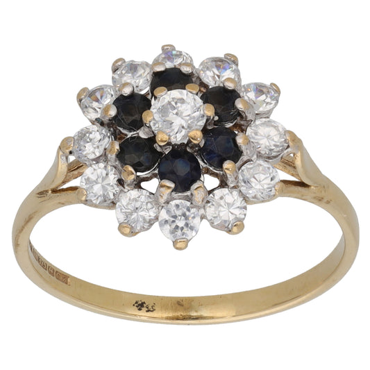 9ct Gold Sapphire & Cubic Zirconia Cluster Ring Size N