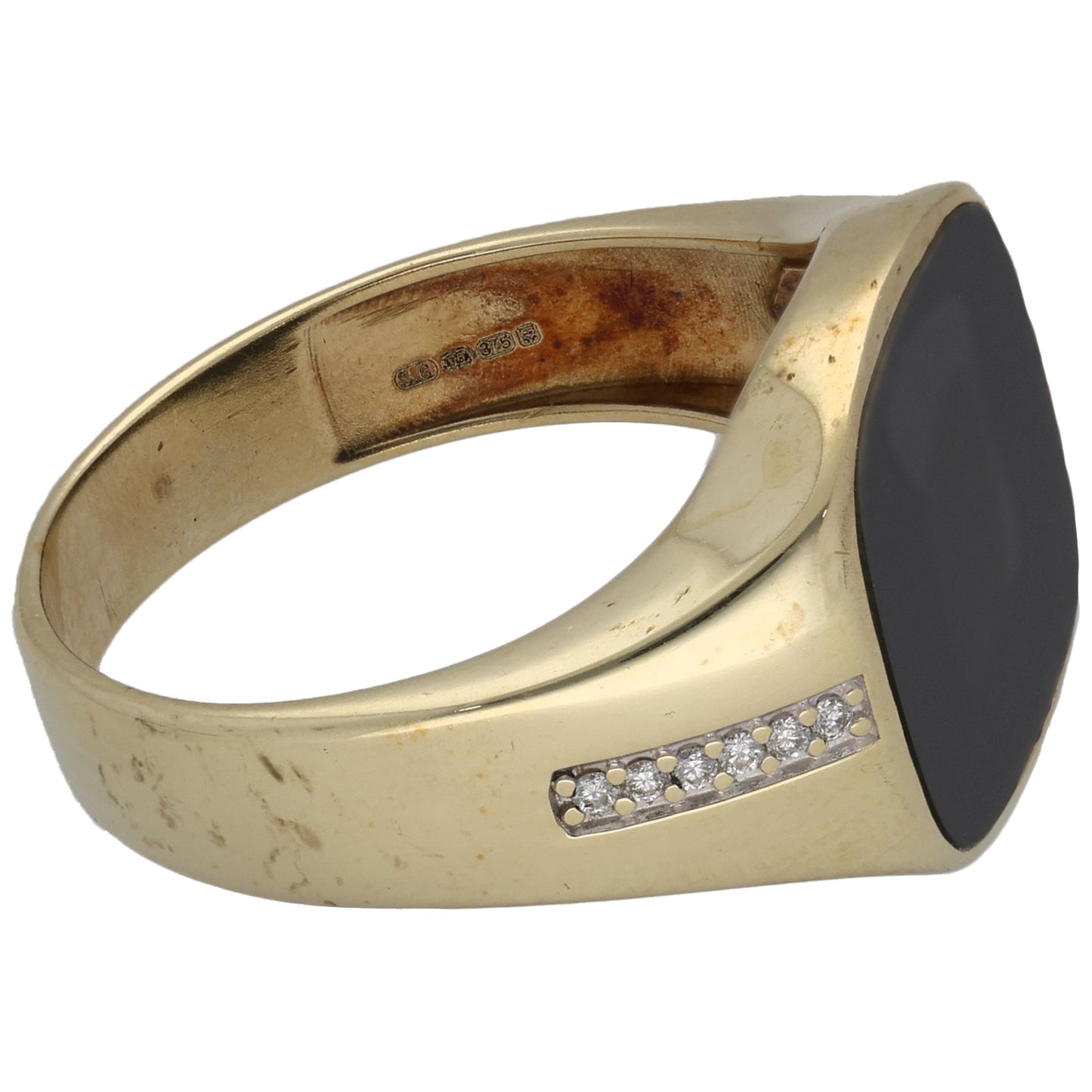 9ct Gold Onyx & 0.06ct Diamond Patterned Signet Ring Size Q
