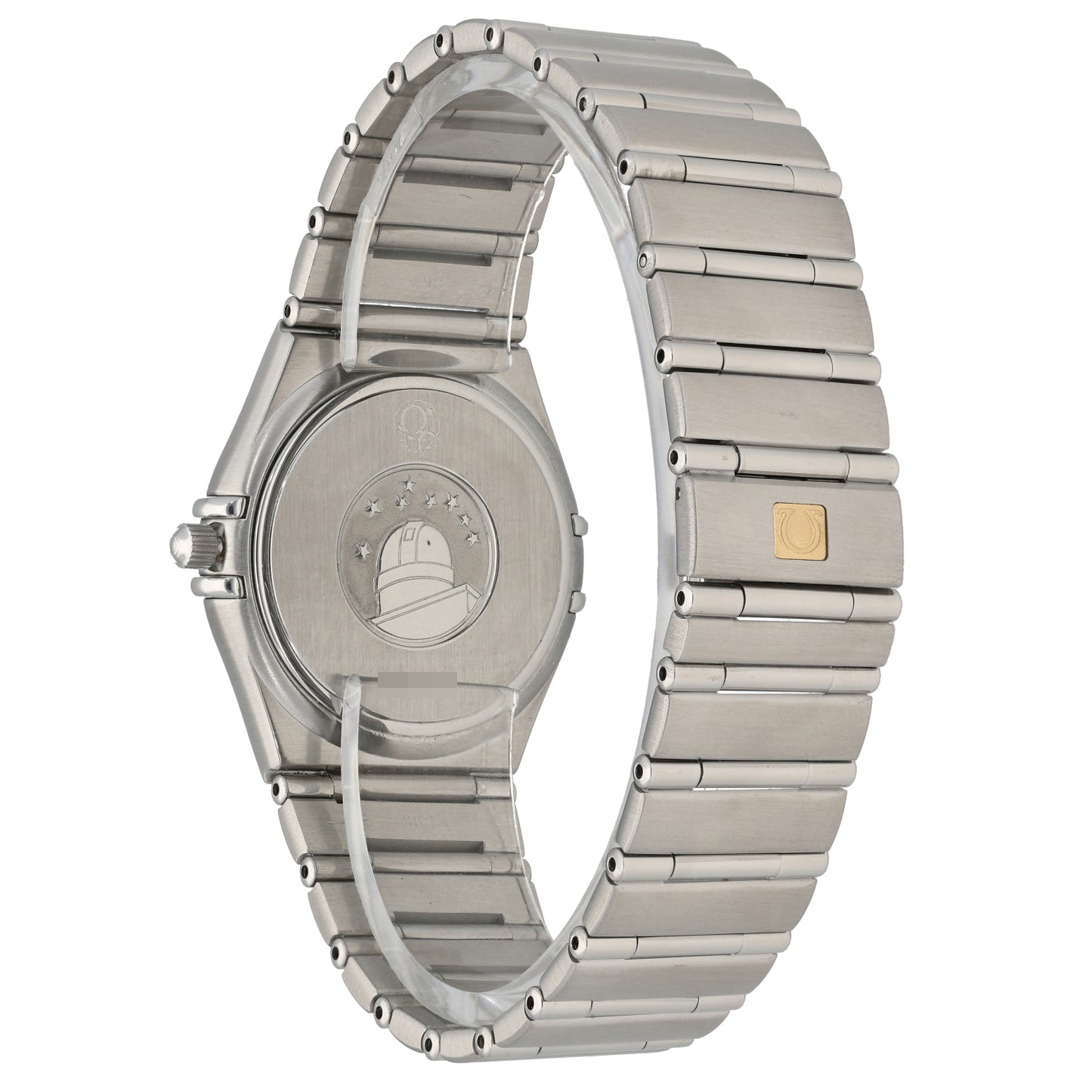 Omega Constellation 1512.40.00 Stainless steel watch caseback and linked bracelet, engraved dial side visible