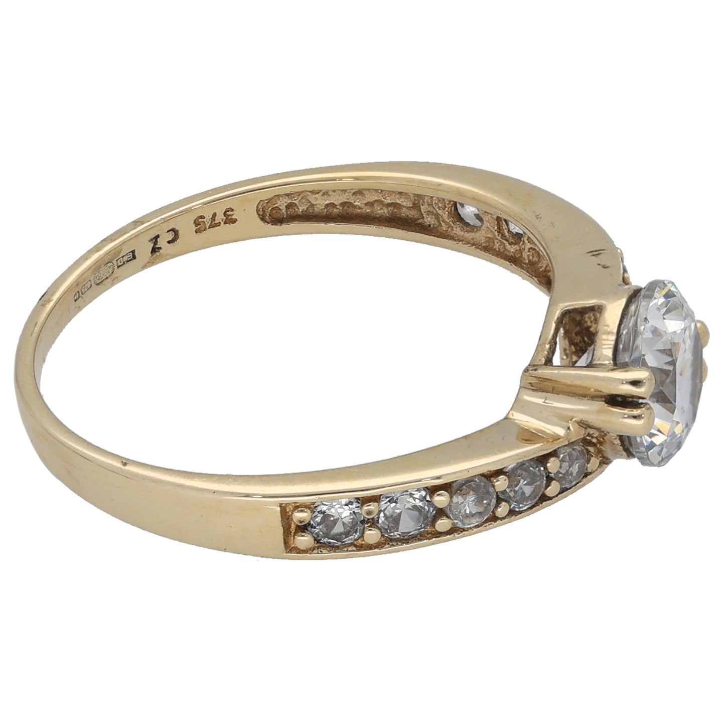 9ct Gold Cubic Zirconia Single Stone Ring with Accent Stones Size M