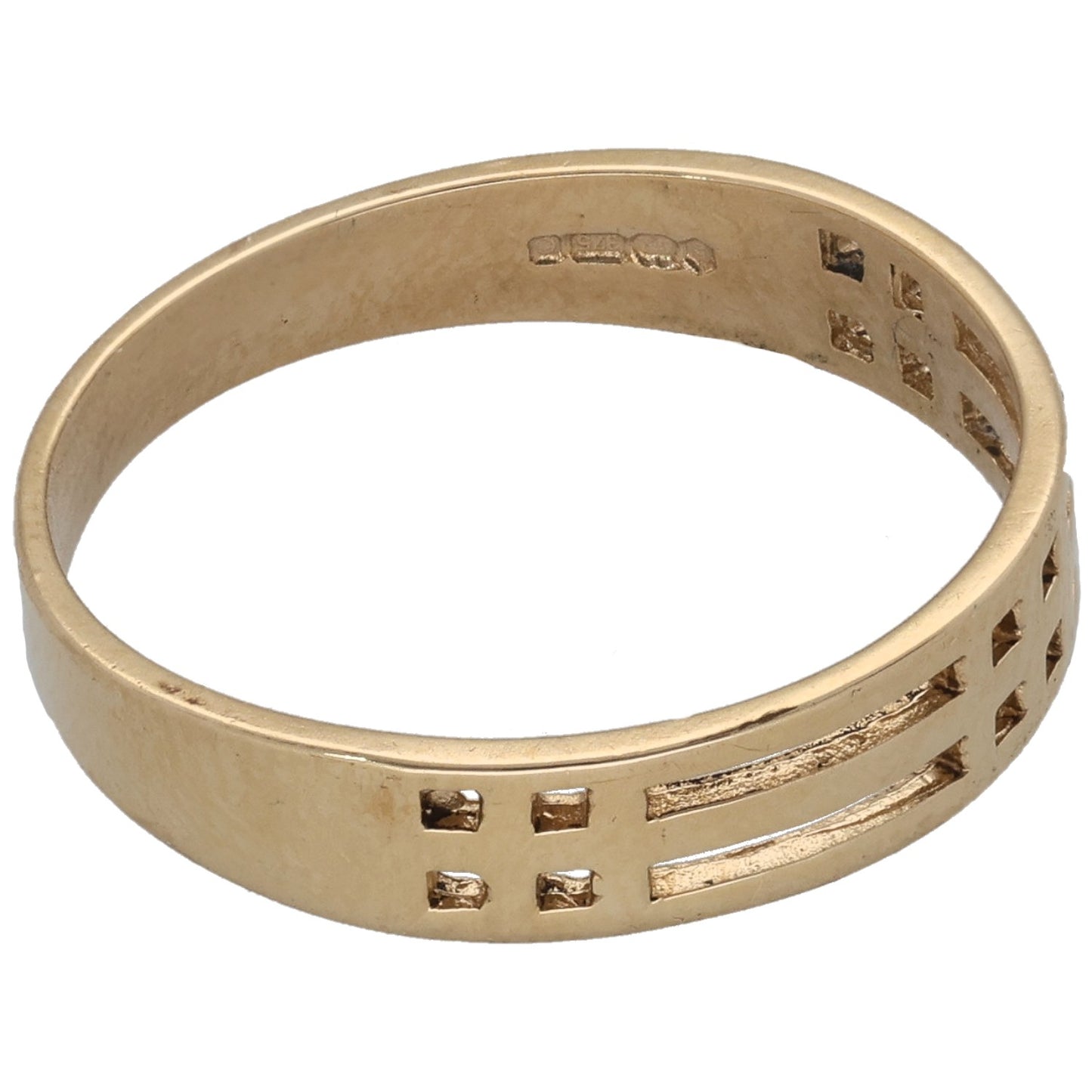 Gold-tone ring band with engraved inner band and square cutout stone settings