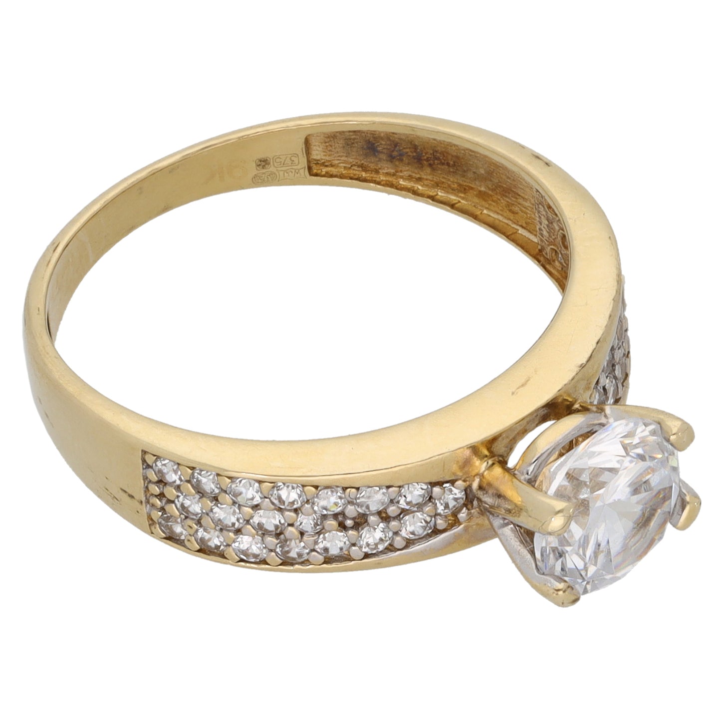 9ct Gold Cubic Zirconia Single Stone Ring with Accent Stones Size N