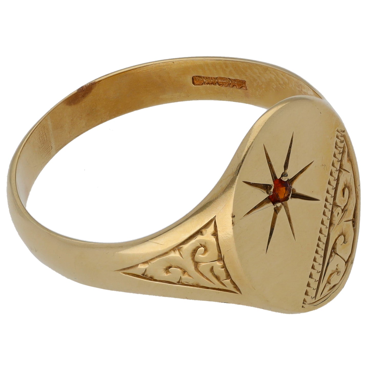 9ct Gold Imitation Gem Single Stone Patterned Signet Ring Size T