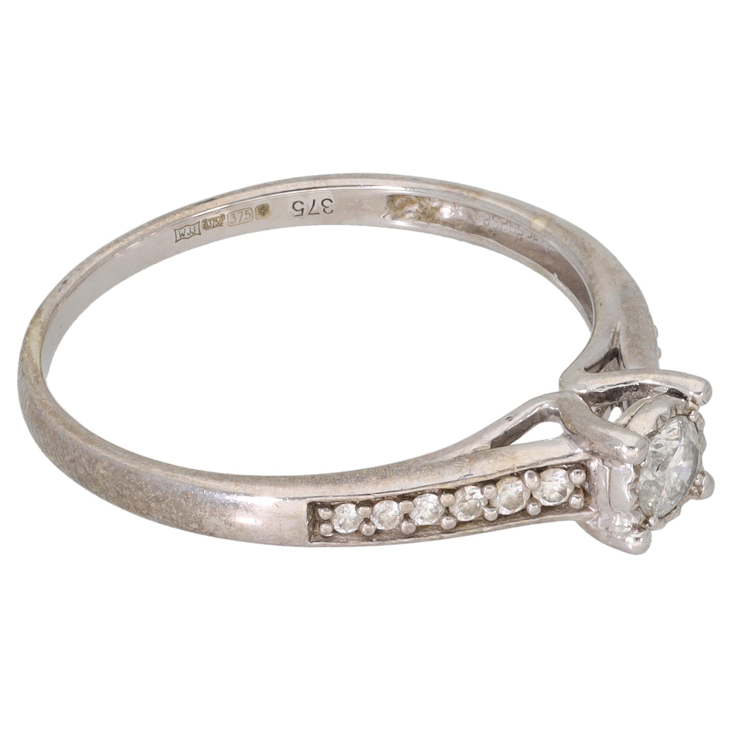 9ct White Gold 0.25ct Diamond Solitaire Ring With Accent Stones Size P