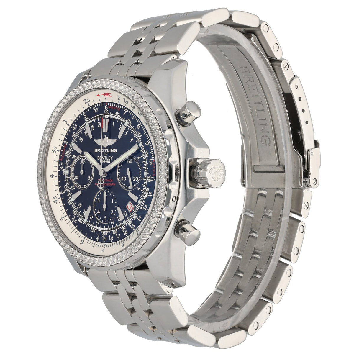 Breitling Bentley A25362 Stainless steel wristwatch with blue dial, diamond bezel, angled side profile