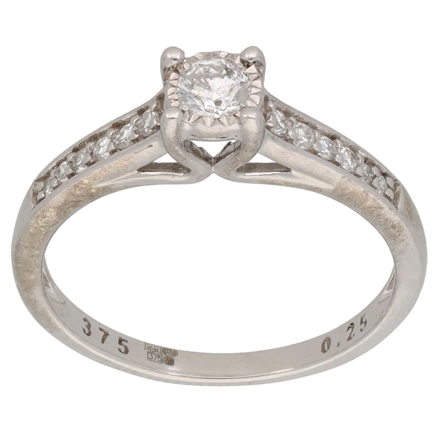 9ct White Gold 0.25ct Diamond Solitaire Ring With Accent Stones Size L