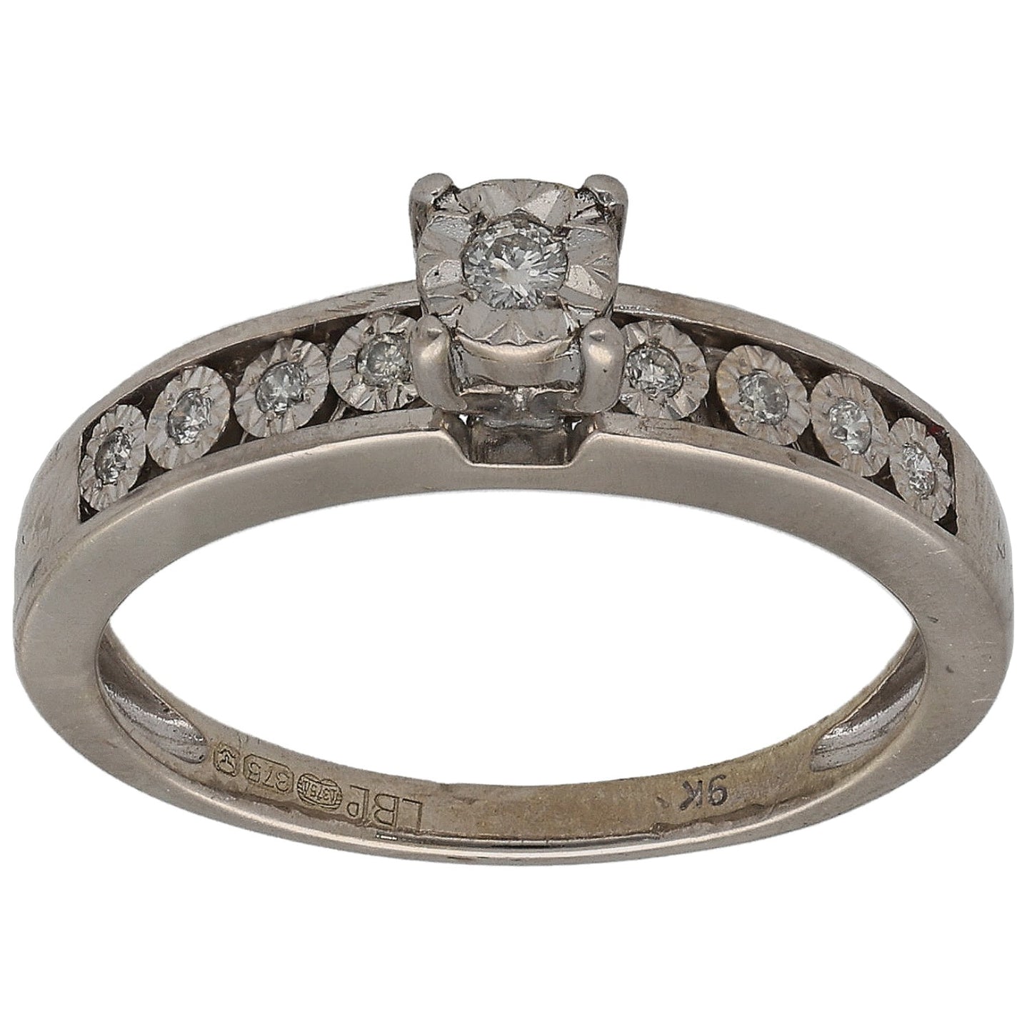 9ct Gold 0.105ct Diamond Solitaire Ring With Accent Stones Size L