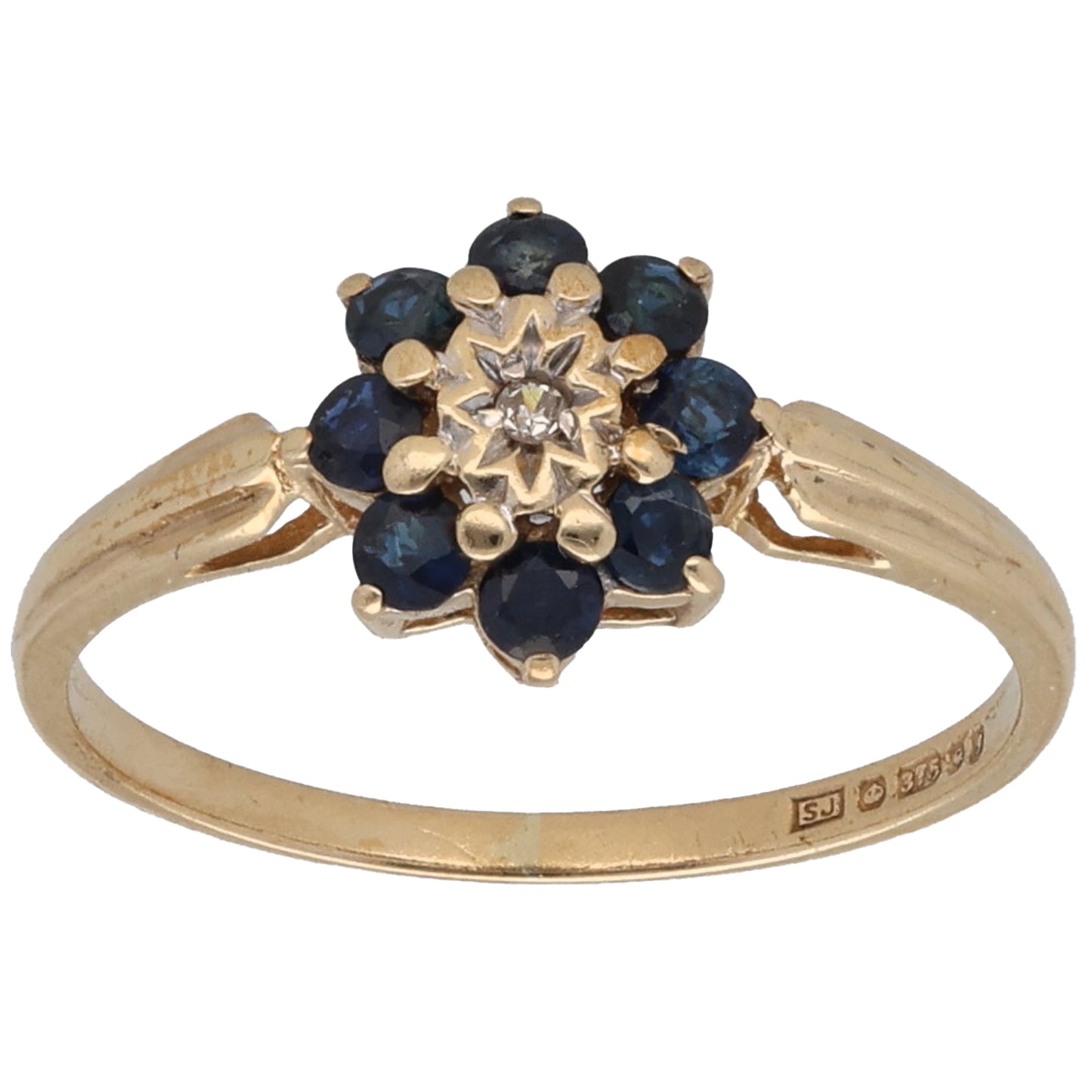 9ct Gold Sapphire & 0.01ct Diamond Cluster Ring Size L