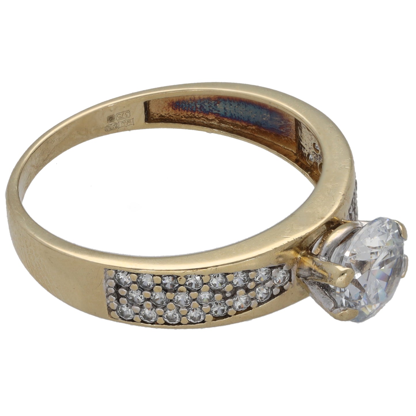9ct gold CZ cocktail ring with clear round stone and pavΓ©-set band