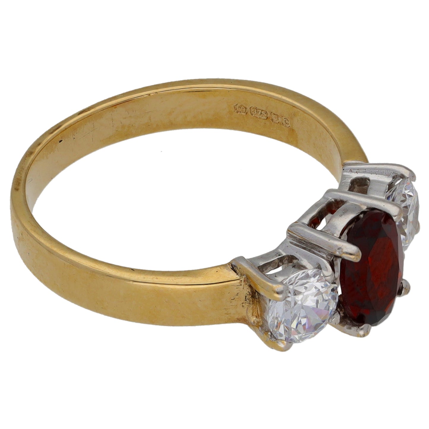 9ct Gold Garnet & Cubic Zirconia Trilogy Ring Size L
