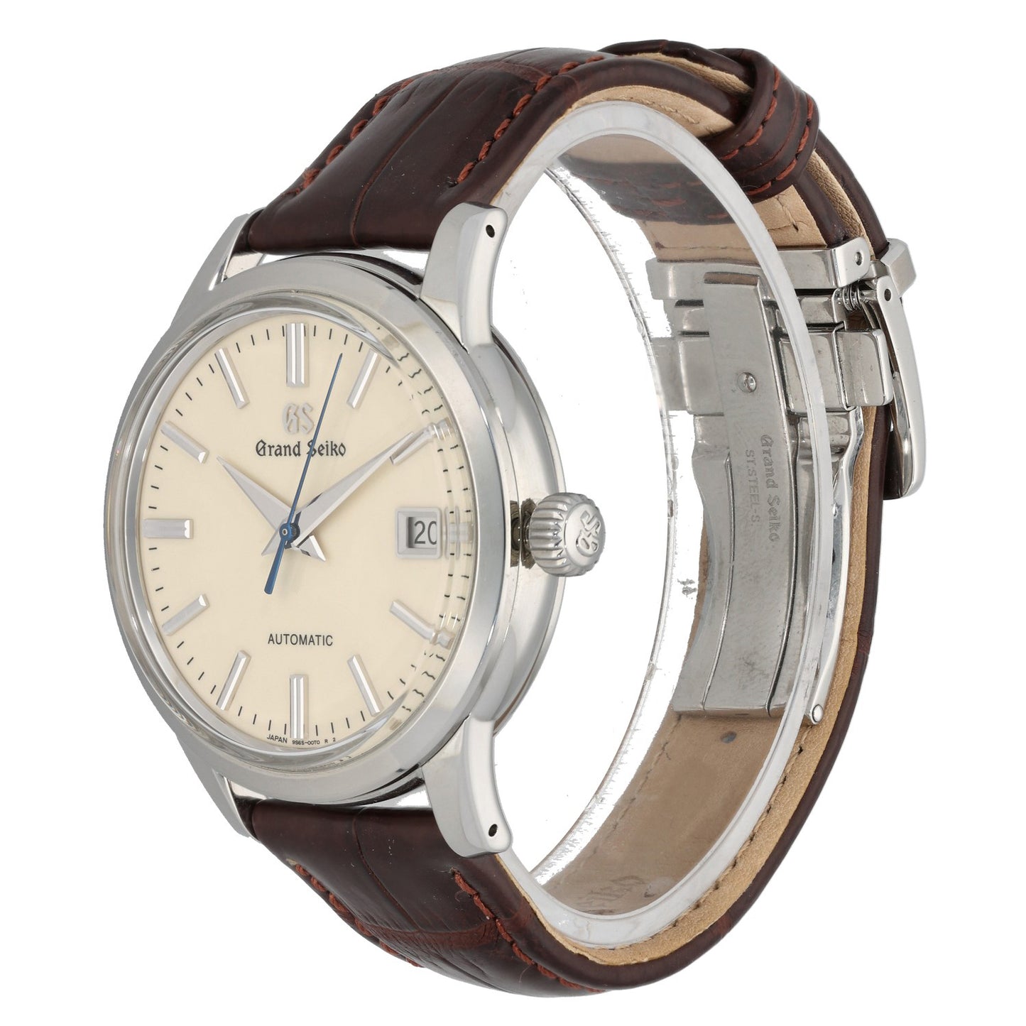 Grand Seiko Elegance Collection 9S65-00D0, cream dial with silver hour markers and brown adjustable leather bracelet, front angle