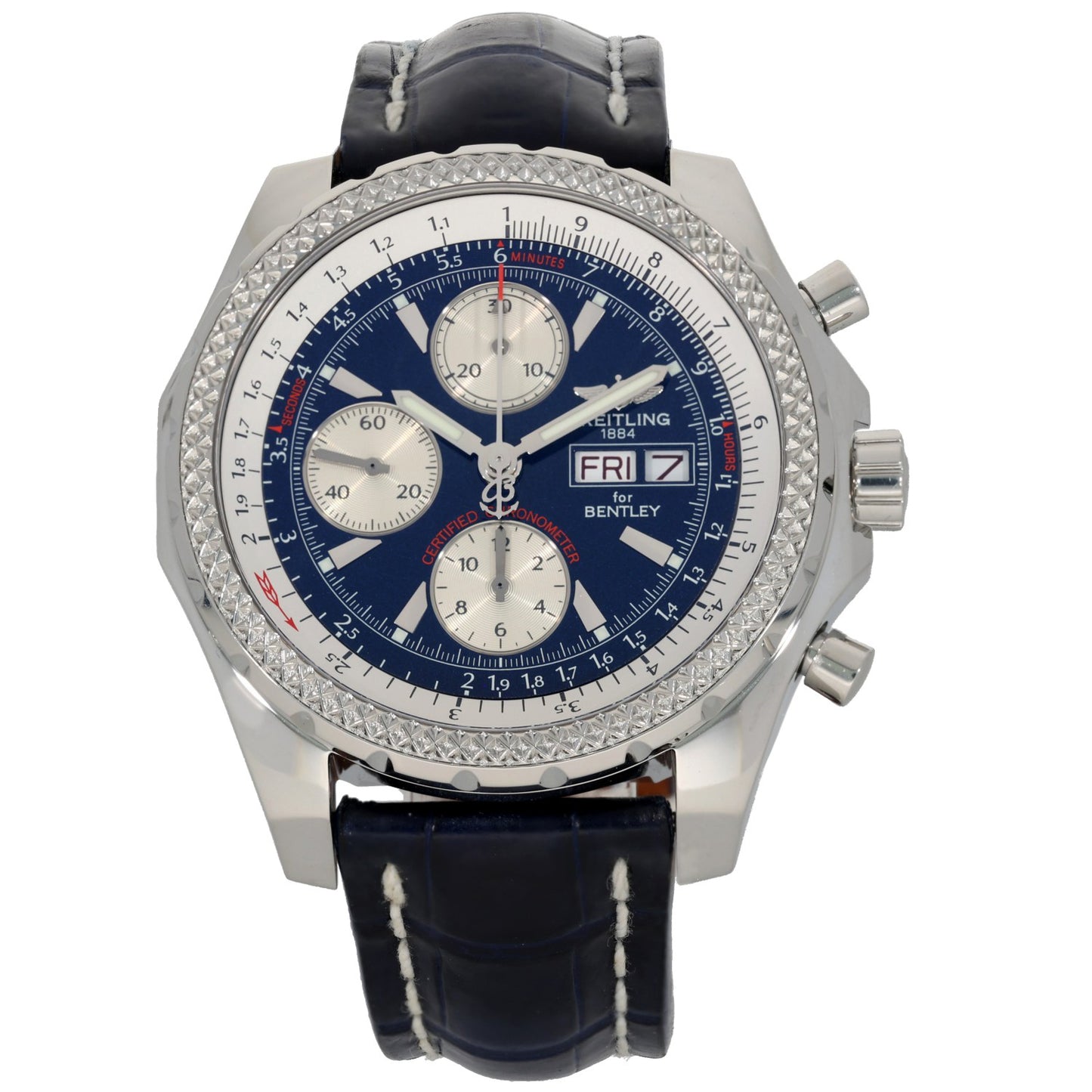 Breitling Bentley A13362 Stainless steel chronograph watch with blue dial, diamond bezel, navy leather strap