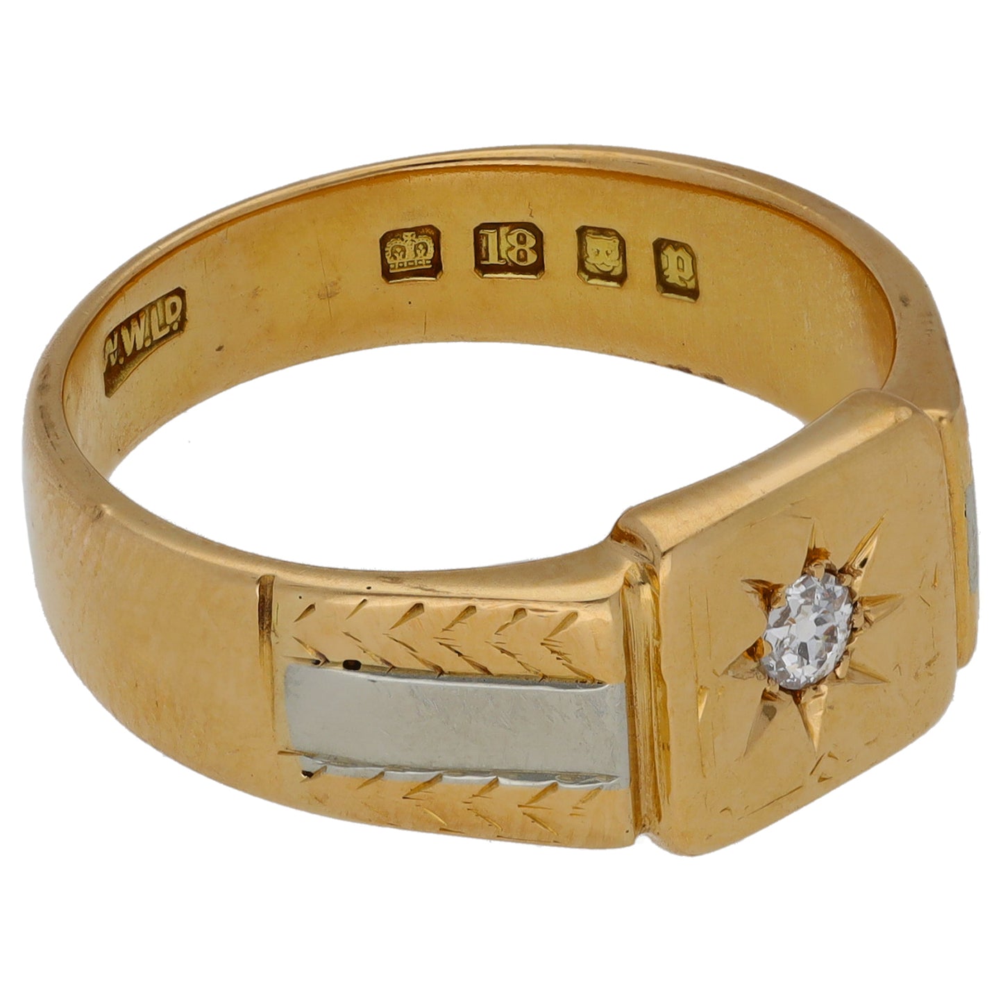 18ct Bi-Colour Gold 0.10ct Diamond Single Stone Patterned Signet Ring Size U