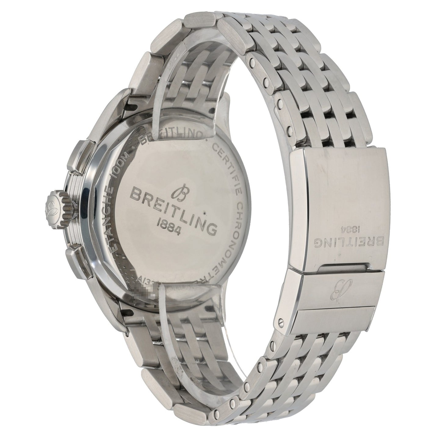 Breitling Premier A13315 Stainless steel watch case back with engraved branding and bracelet links