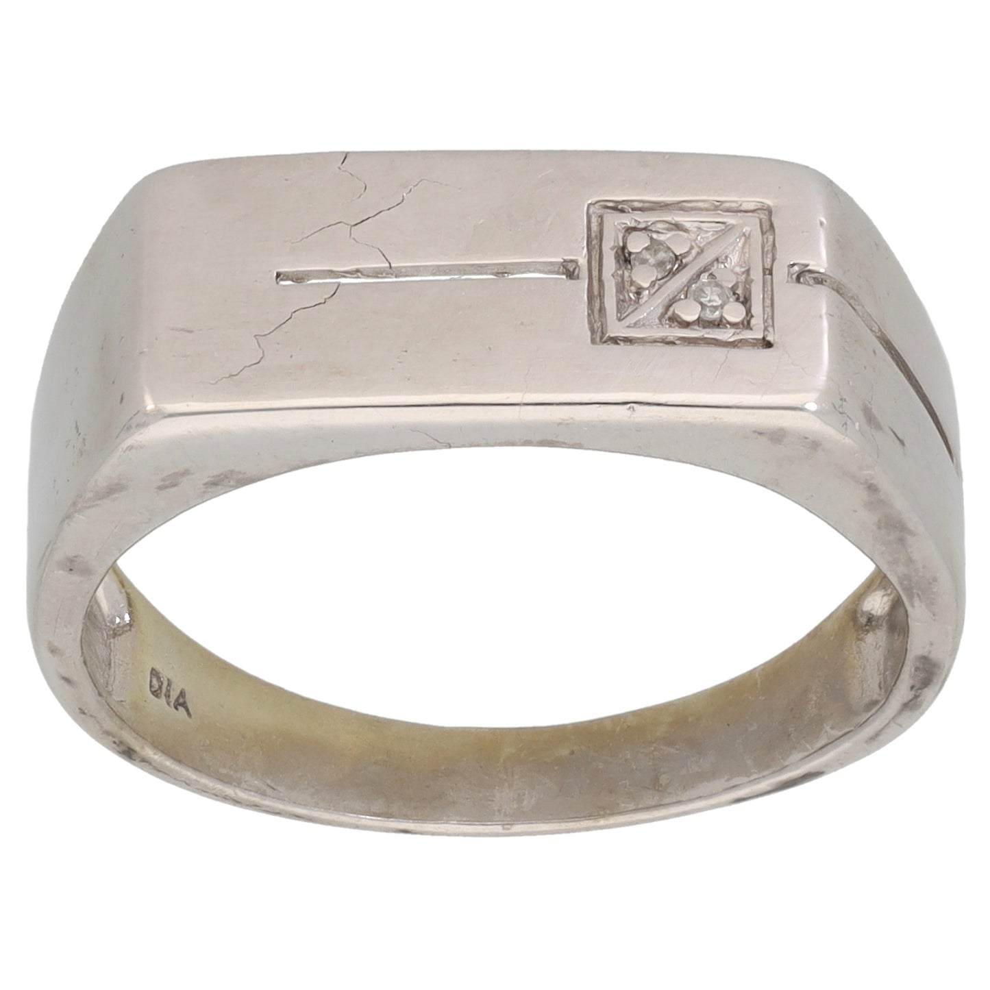 9ct White Gold 0.01ct Diamond Patterned Signet Ring Size R