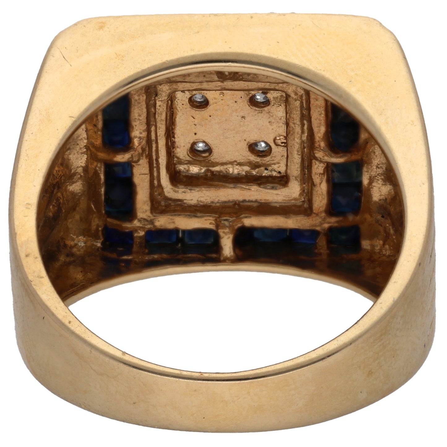 9ct Gold Sapphire & 0.04ct Diamond Patterned Signet Ring Size U