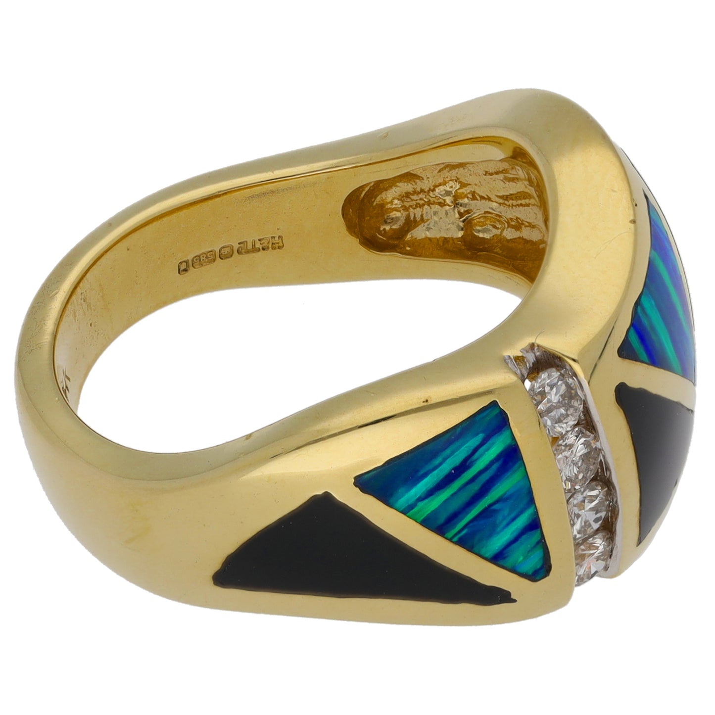 14ct Gold 0.20ct Diamond, Man Made Opal & Onyx Dress/Cocktail Ring Size M