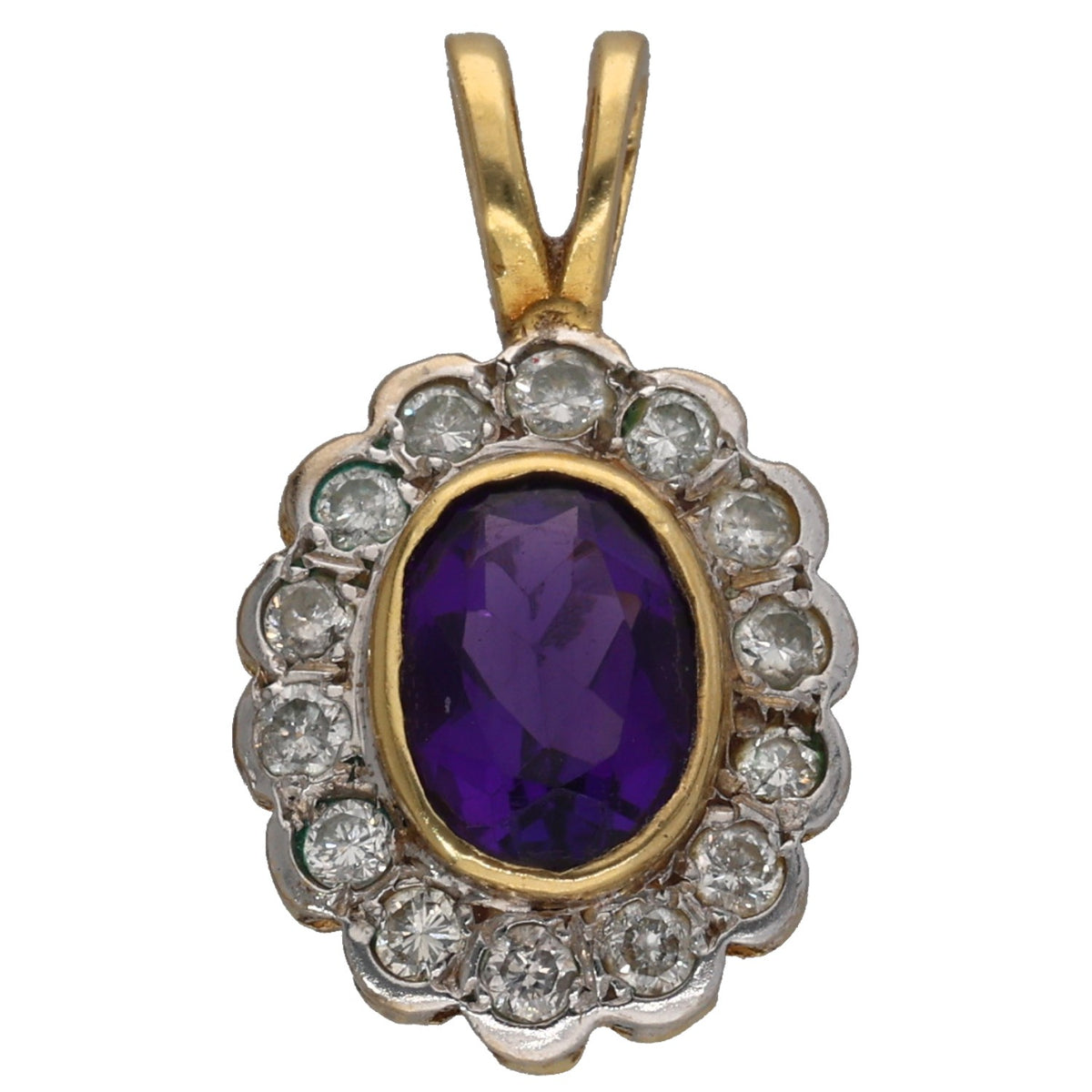 Gold pendant with oval amethyst center and round diamond halo, V bail