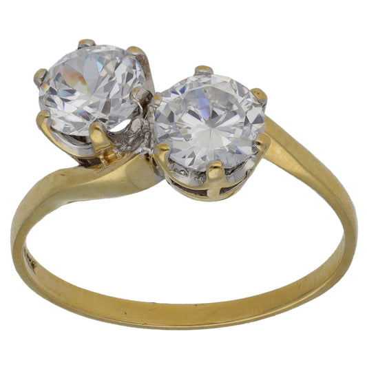 9ct Gold Cubic Zirconia Two Stone Ring Size P