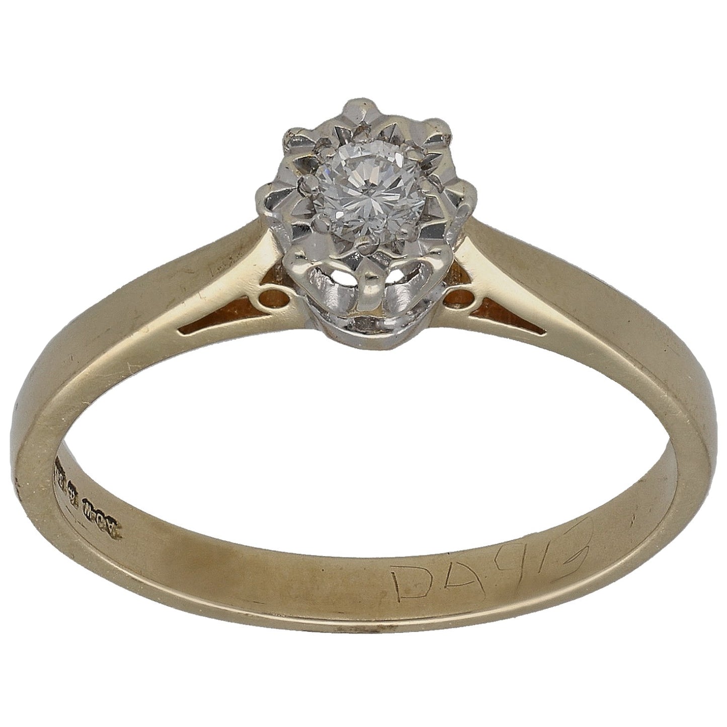 9ct gold solitaire ring with round diamond center, prong-set