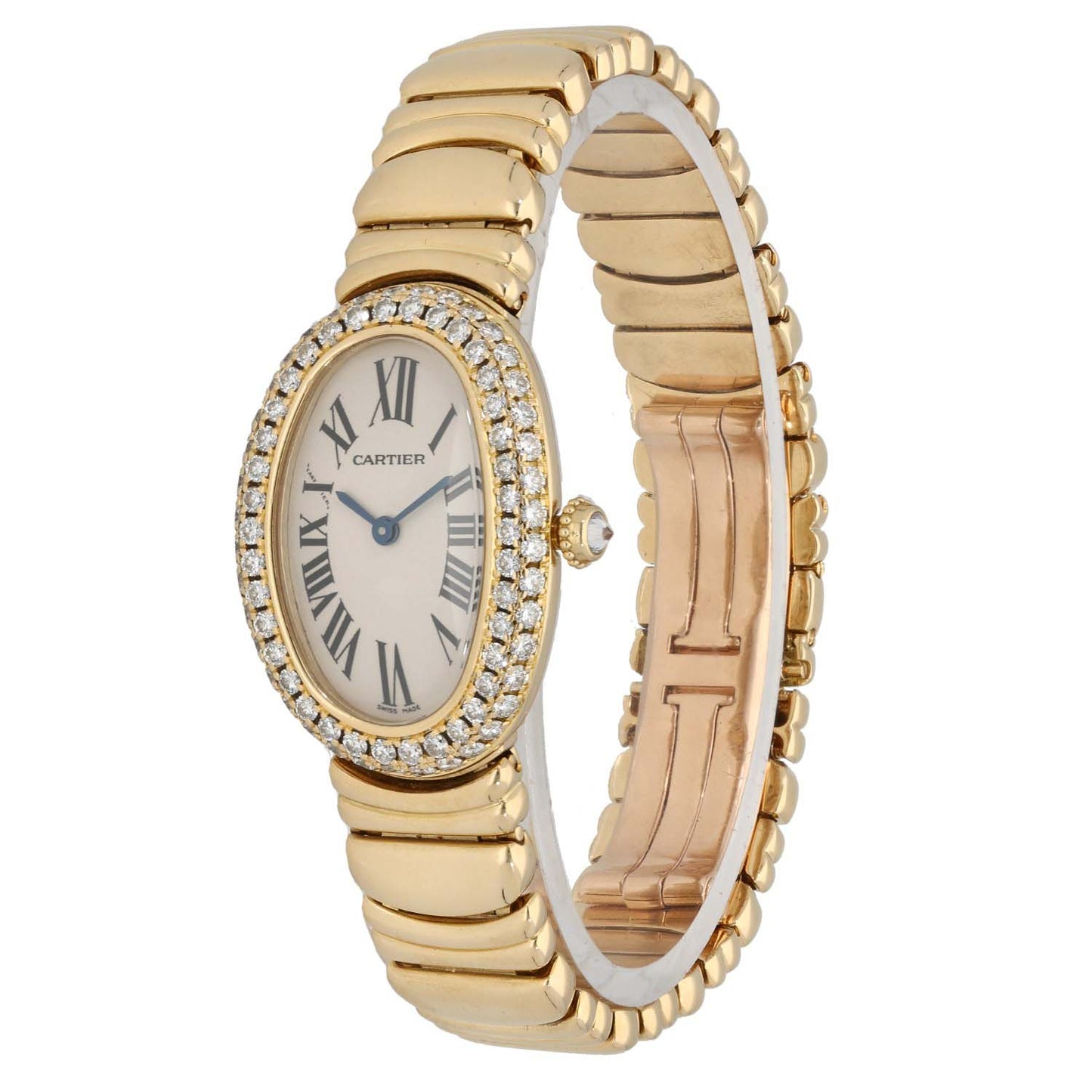 Cartier Baignoire WB5096D8 gold oval watch, diamond-studded bezel and crown, ribbed link bracelet