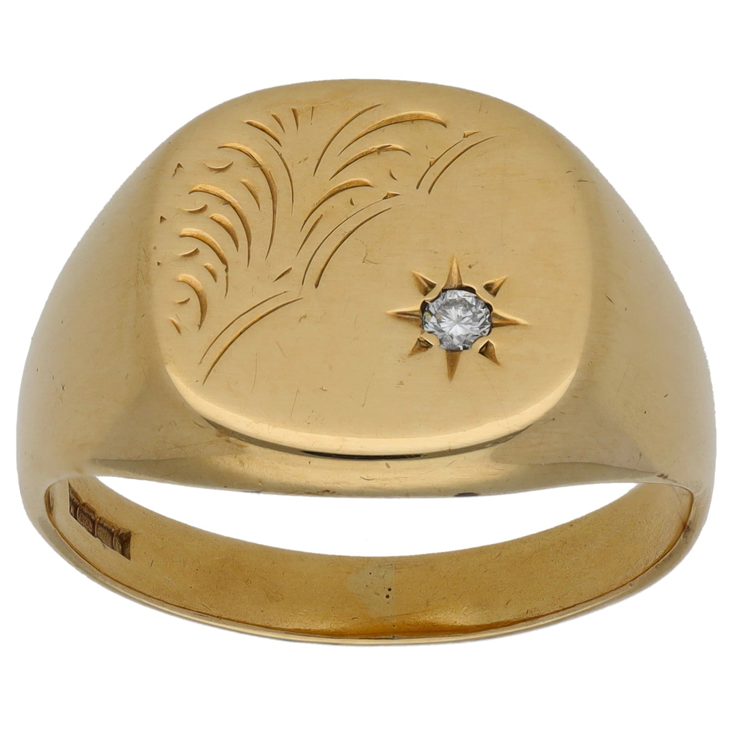 9ct Gold 0.05ct Diamond Patterned Signet Ring Size U