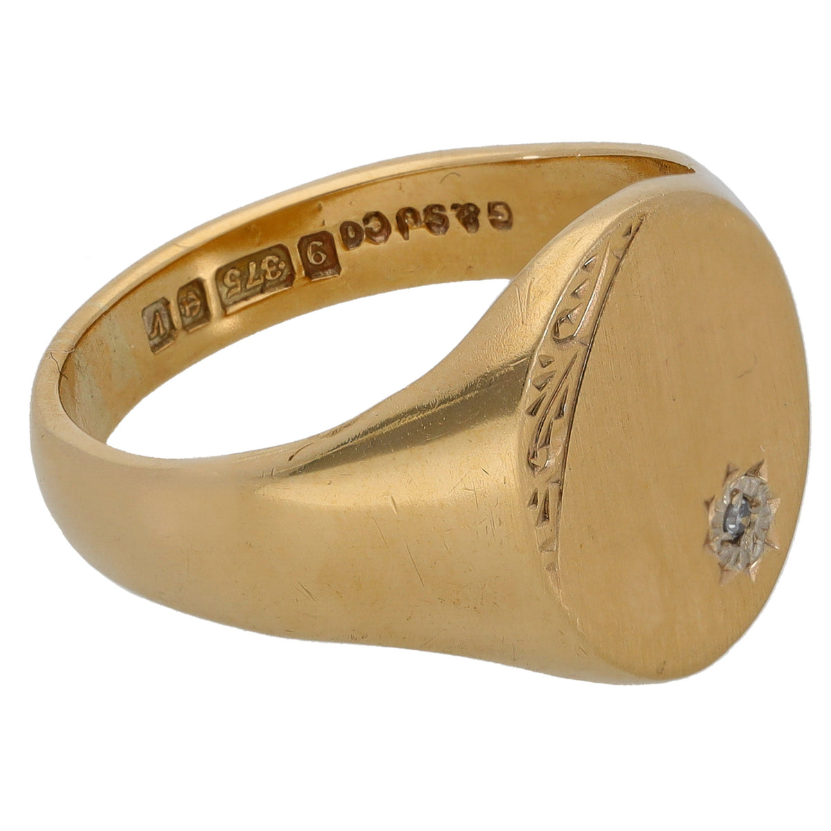 9ct Gold 0.005ct Diamond Patterned Single Stone Signet Ring Size Q