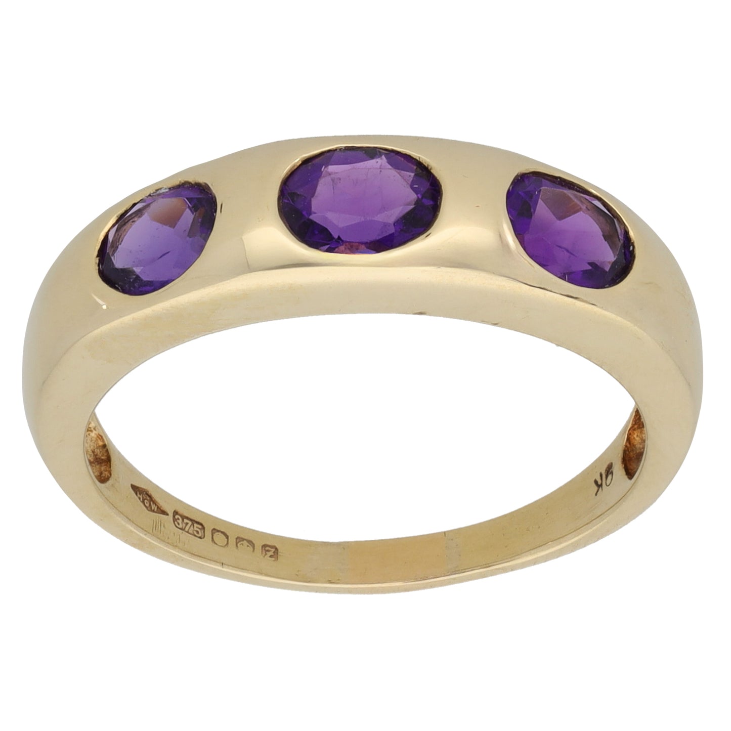 9ct Gold Amethyst Trilogy Ring Size P