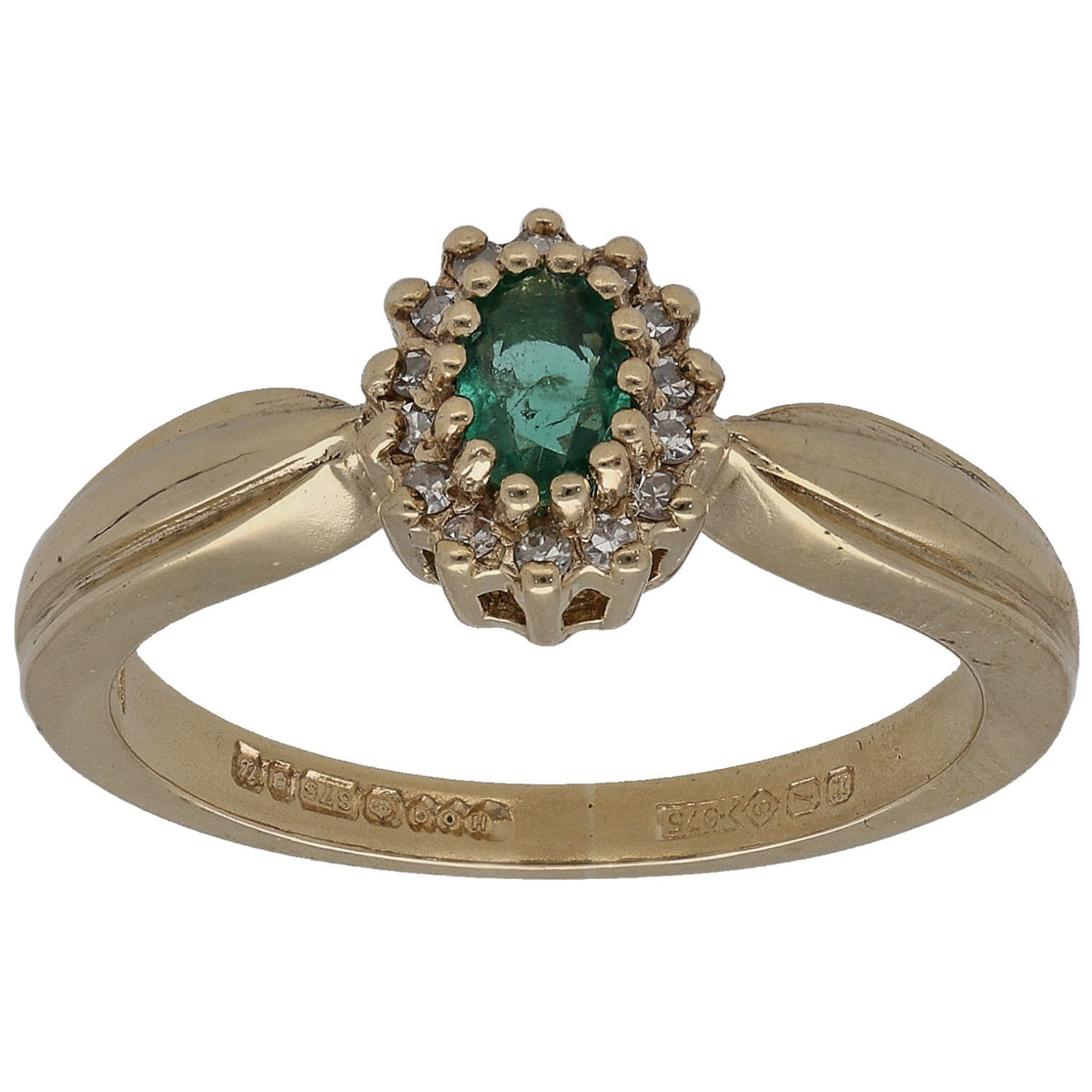 Gold dress ring with round green emerald and diamond halo, size L